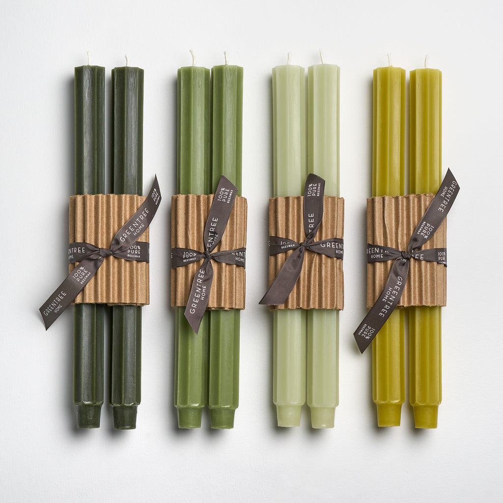 Fluted Church taper candles in greens